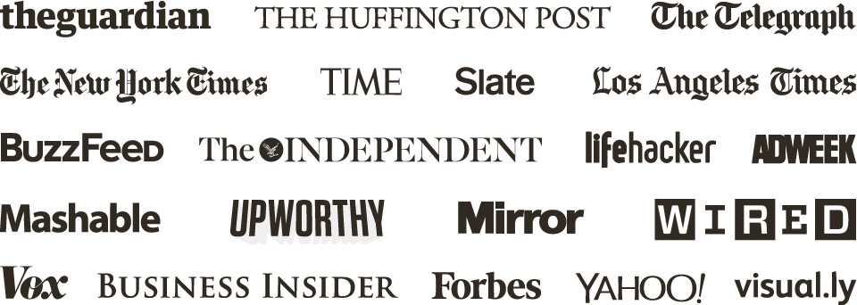 Logos for The Guardian, The Huffington Post, The Telegraph, The NY Times, Time, Slate, The LA Times, Buzzfeed, The Independent, Lifehacker, Adweek, Mashable, Upworthy, The Mirror, Wired, Vox, Business Insider, Forbes, Yahoo!, and Visual.ly